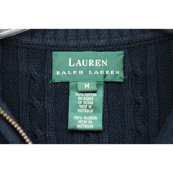 VTG Lauren Ralph Lauren Sweater Women's Large Blue Crest Logo 1/4 Zip Cable Knit - Picture 8 of 12